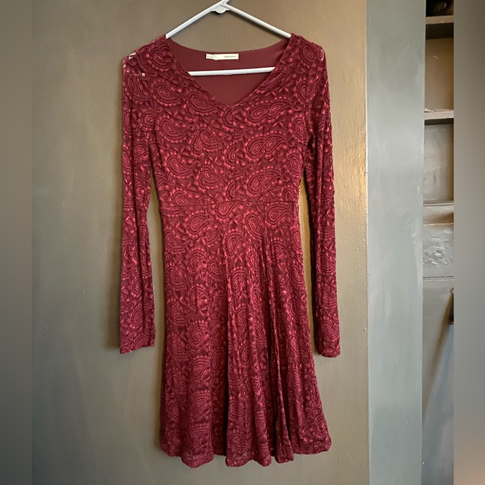 Maroon Long Sleeve A Line Dress